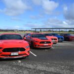 A lineup of red and blue Ford Mustangs at the Mustang Owners Club of South Australia event.